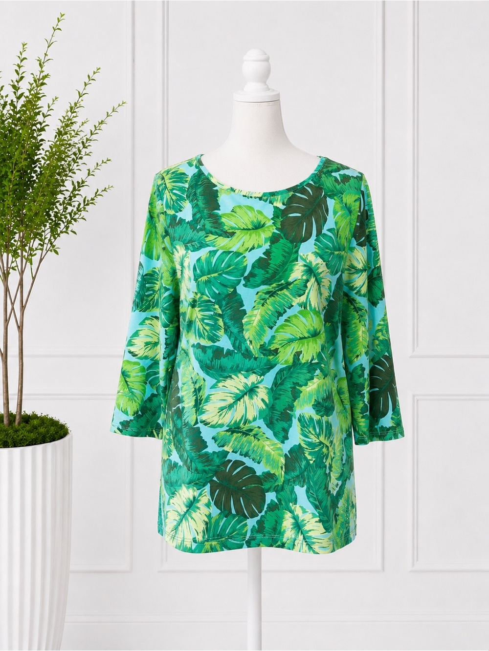 Talbots Tropical Palm Leaf Tee Top XL Petite Green Blue Resort Coastal - Picture 2 of 5
